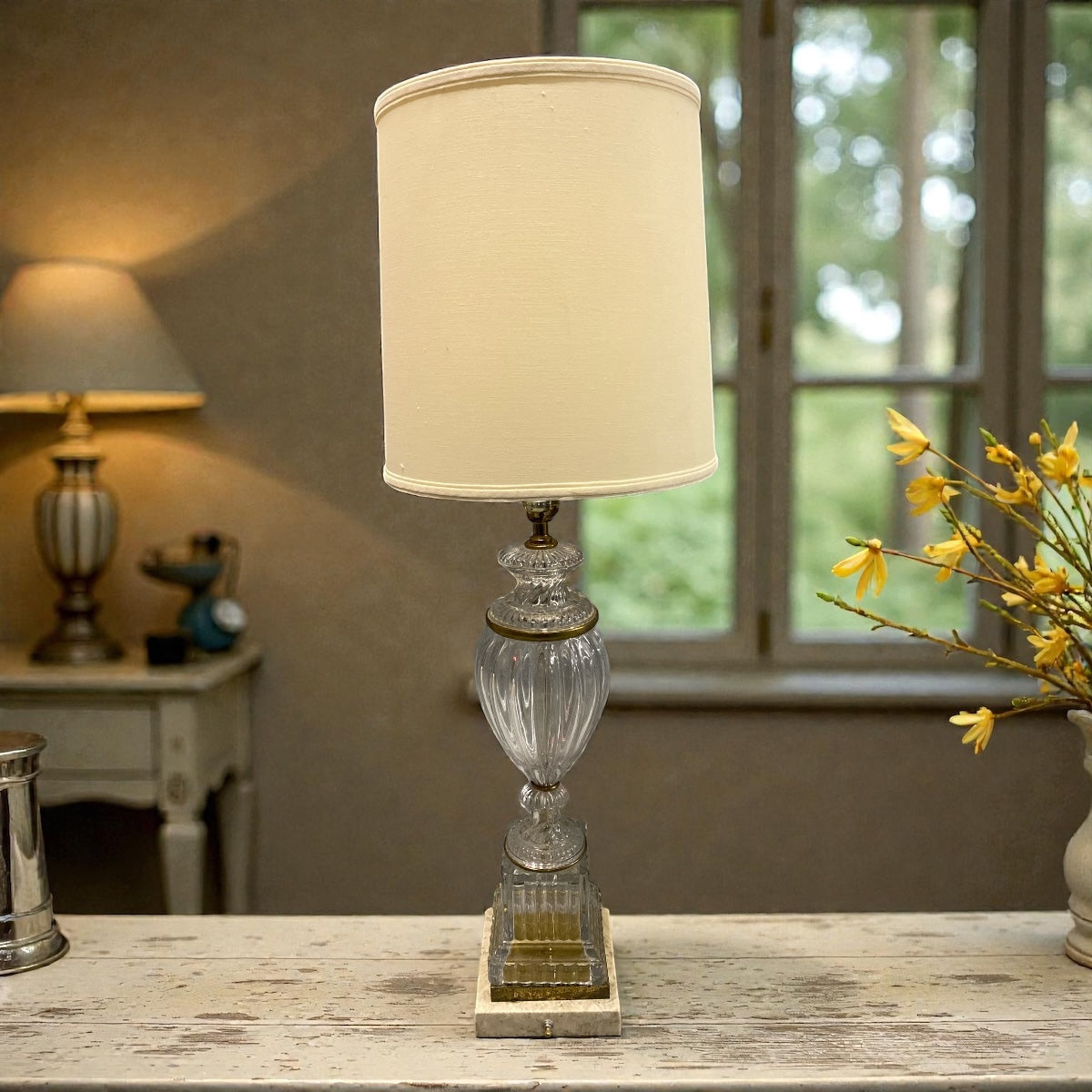 Hollywood Regency Glass & Brass Lamp – Marble Base, Tall Drum Shade
