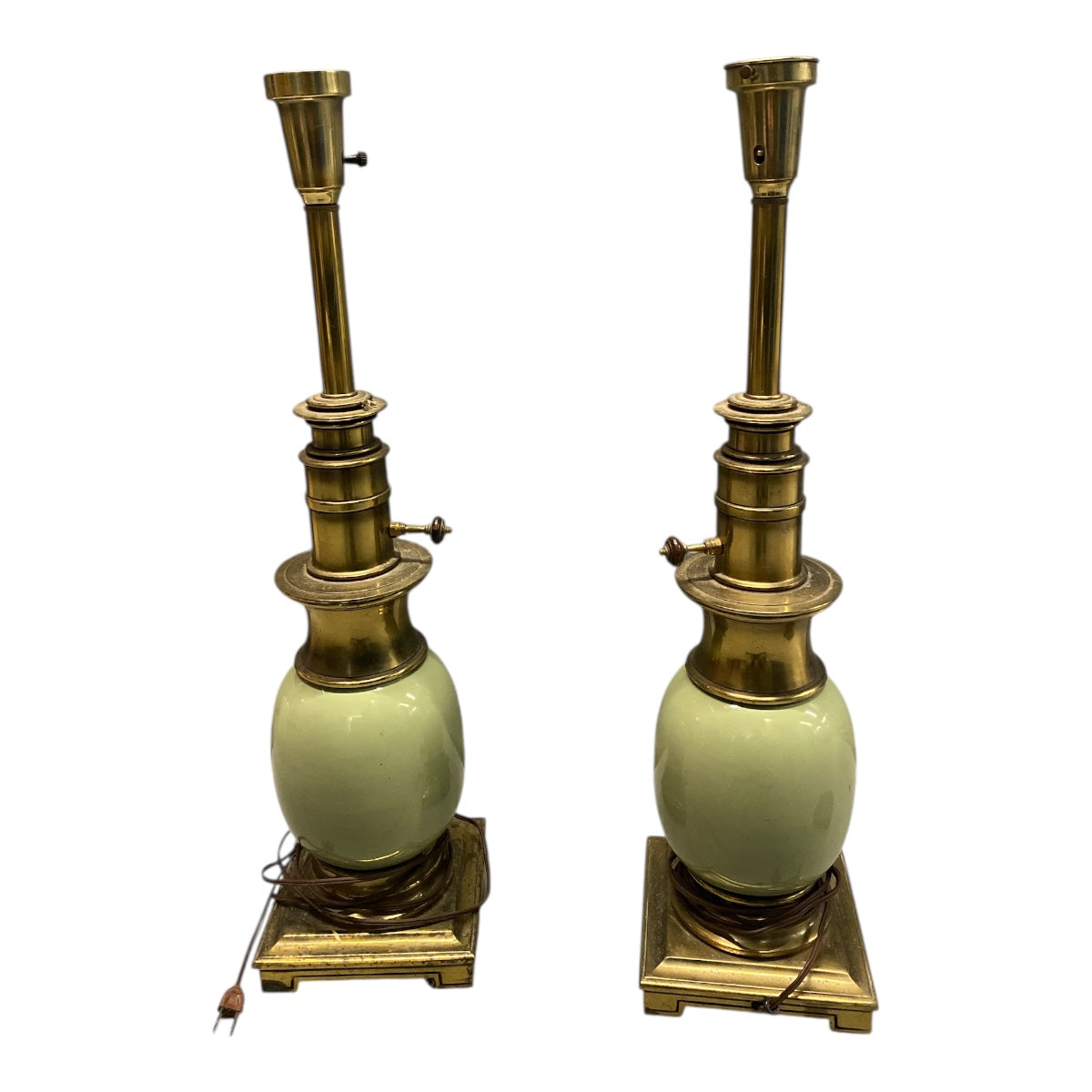 Pair Brass & Celadon Table Lamps – Hollywood Regency Glow
