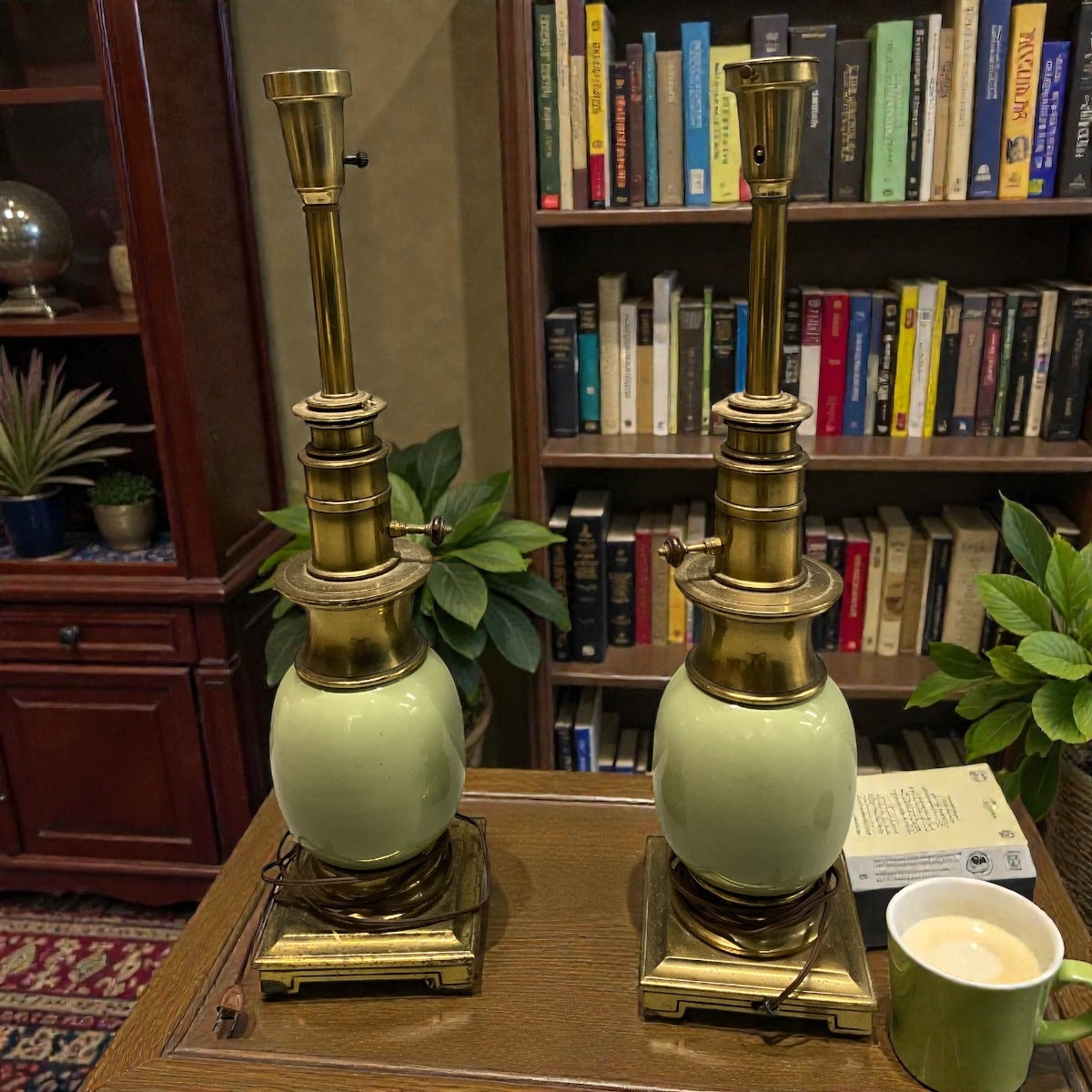 Pair Brass & Celadon Table Lamps – Hollywood Regency Glow