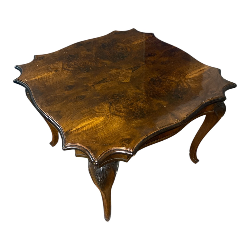 Vintage French Provincial Burl Dining Table – Scalloped Square, Cabriole Legs