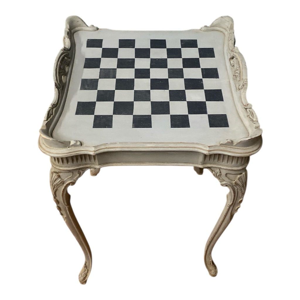 Vintage French Country Chess Table – Carved Cabriole Legs, Painted Check Board