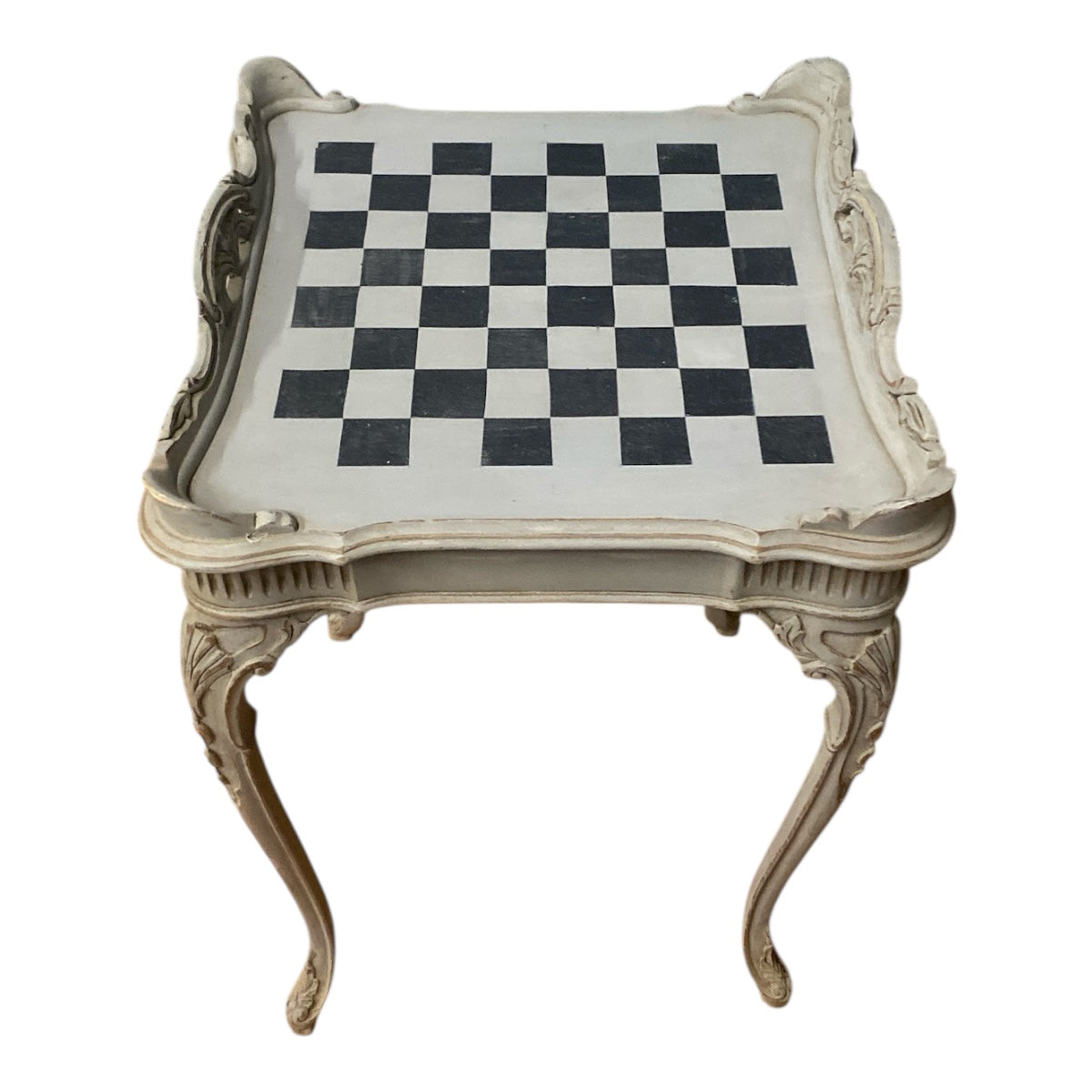Vintage French Country Chess Table – Carved Cabriole Legs, Painted Check Board