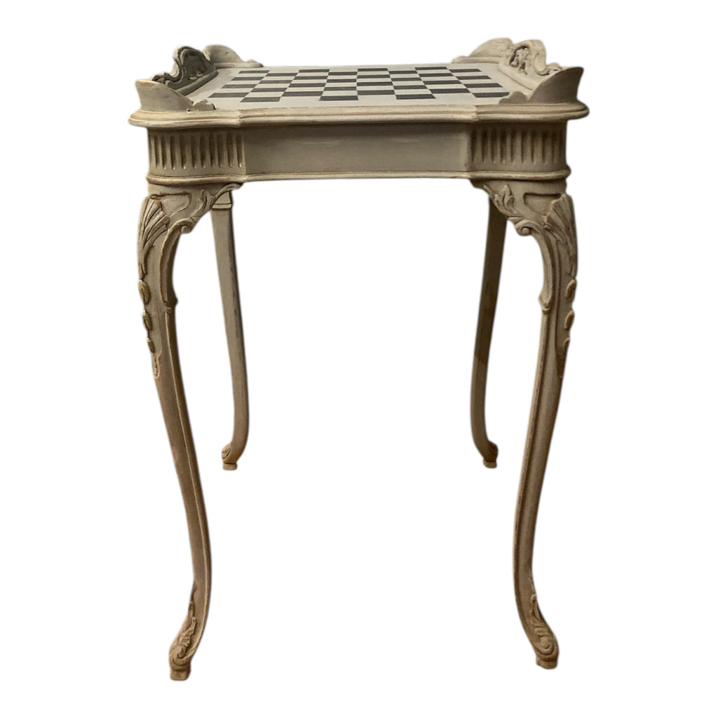 Vintage French Country Chess Table – Carved Cabriole Legs, Painted Check Board
