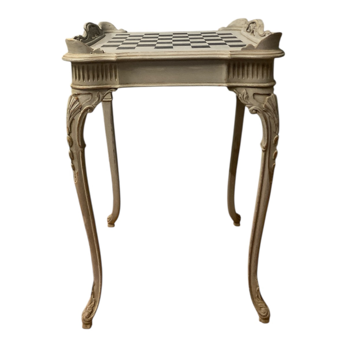 Vintage French Country Chess Table – Carved Cabriole Legs, Painted Check Board