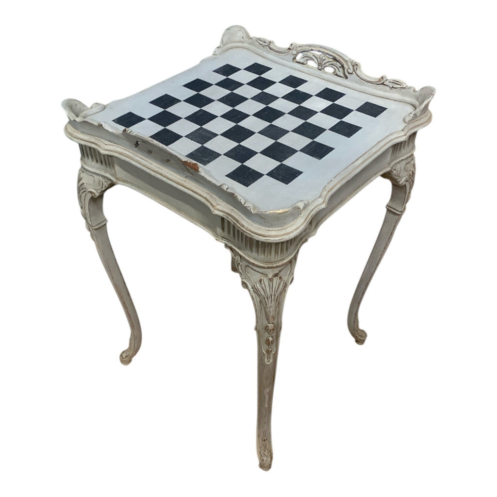 Vintage French Country Chess Table – Carved Cabriole Legs, Painted Check Board