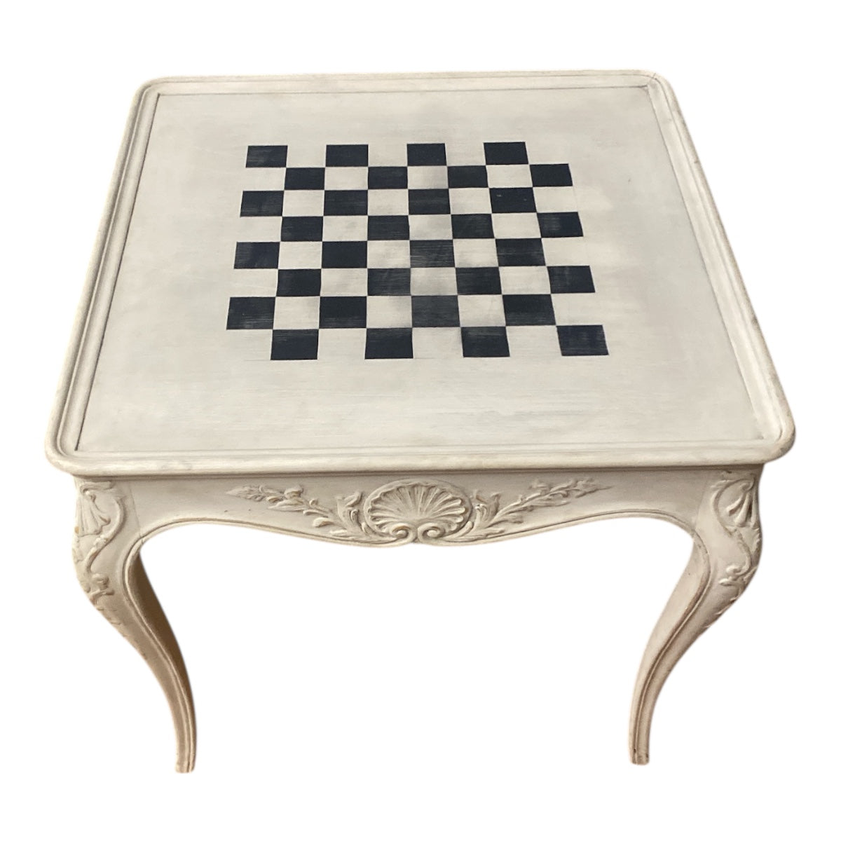 Vintage French Country Chess Table – Carved Cabriole Legs, Painted Check Board