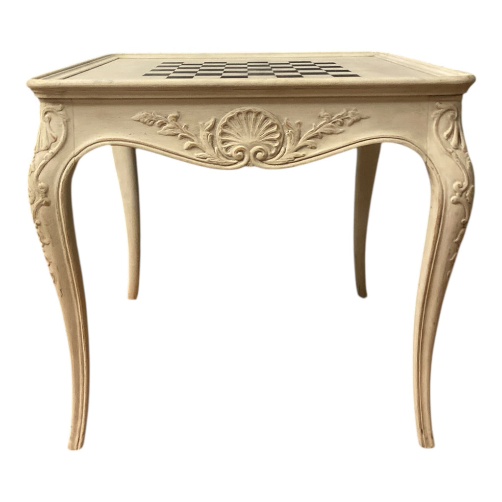 Vintage French Country Chess Table – Carved Cabriole Legs, Painted Check Board