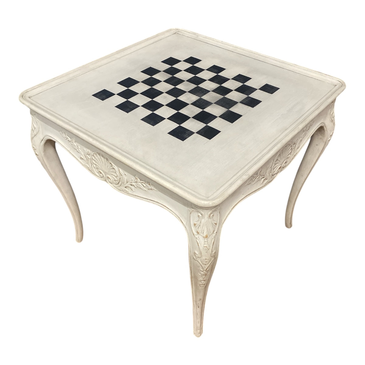 Vintage French Country Chess Table – Carved Cabriole Legs, Painted Check Board