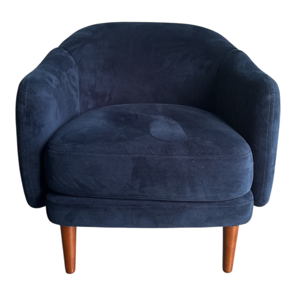 Burrow Navy Velvet Barrel Chair with Walnut-Stained Tapered Legs