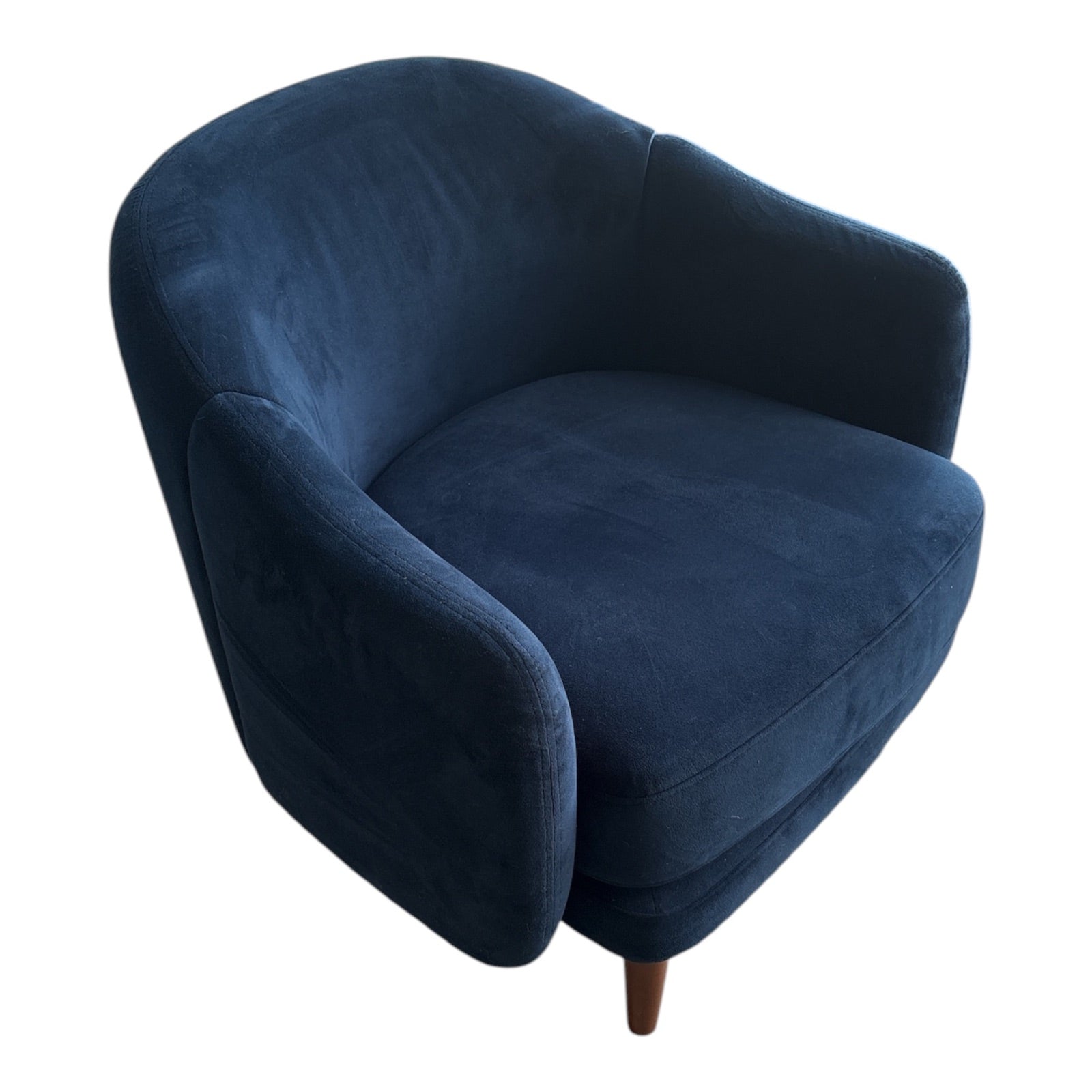 Burrow Navy Velvet Barrel Chair with Walnut-Stained Tapered Legs