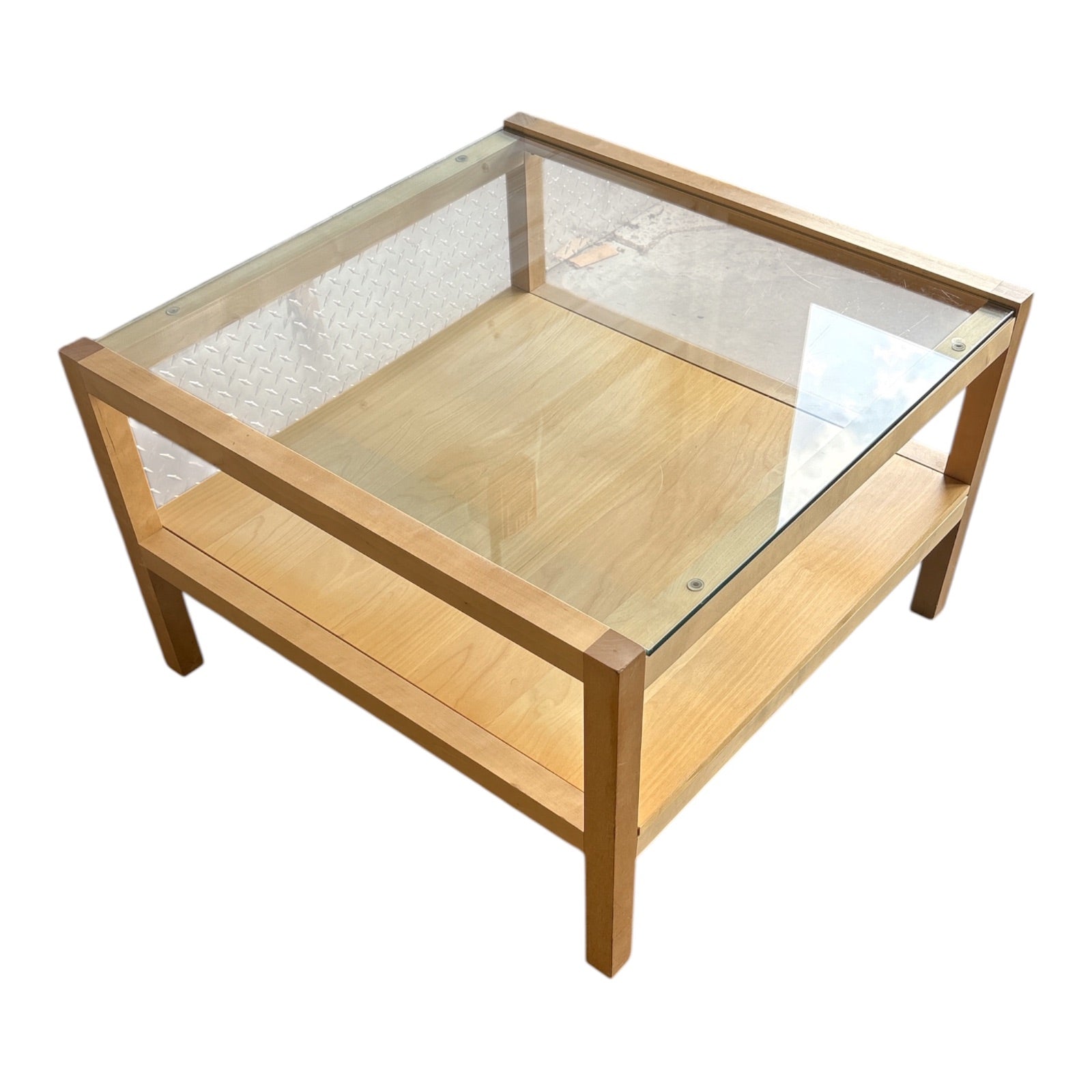 Contemporary Maple & Glass Two-Tier Square Coffee Table with Parsons-Style Frame