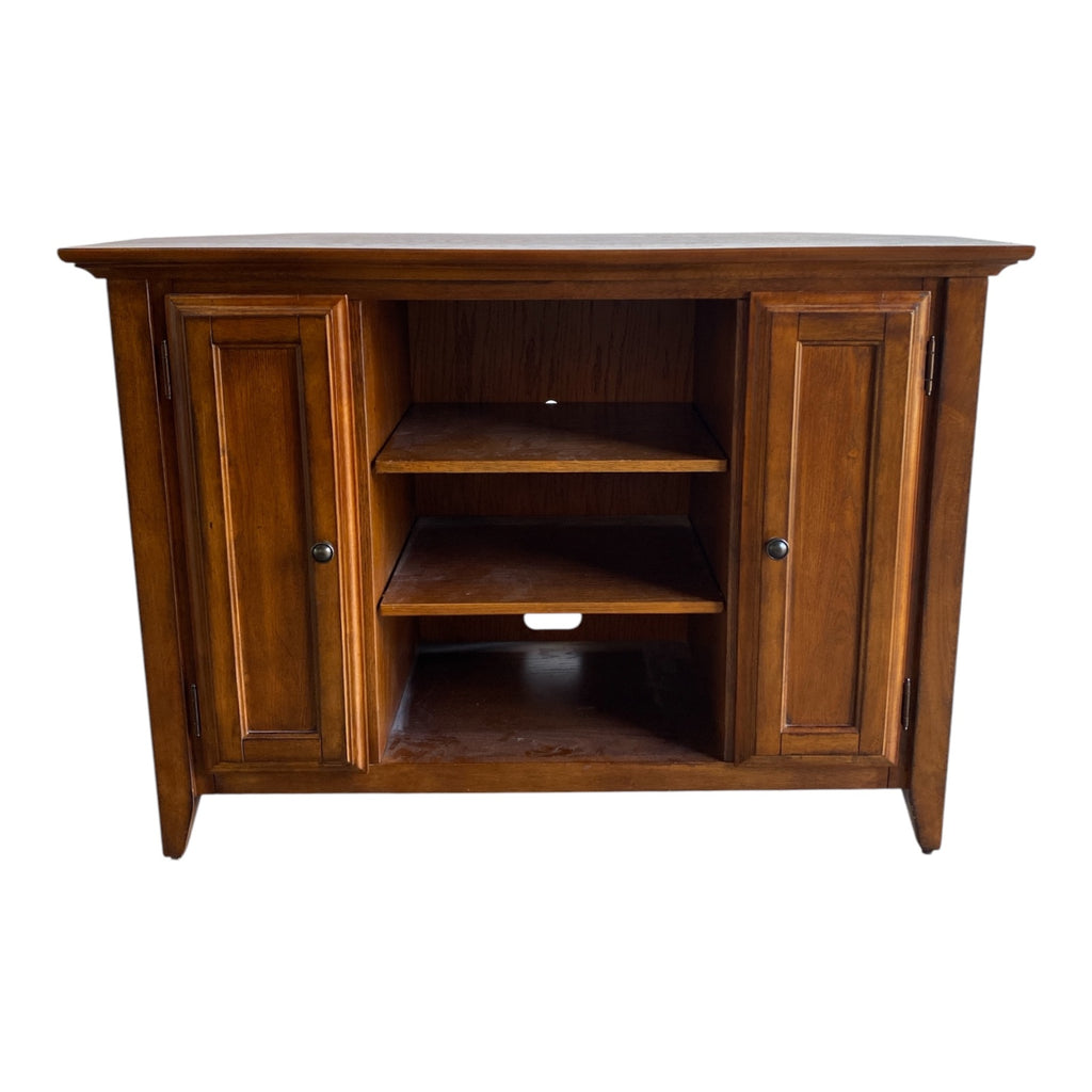 Solid Oak Corner Media Console with Raised Panel Doors & Cable Management