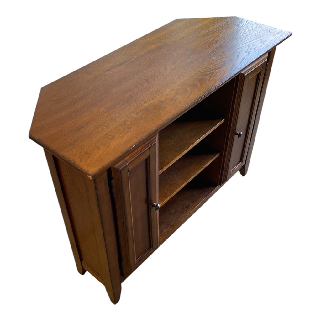 Solid Oak Corner Media Console with Raised Panel Doors & Cable Management