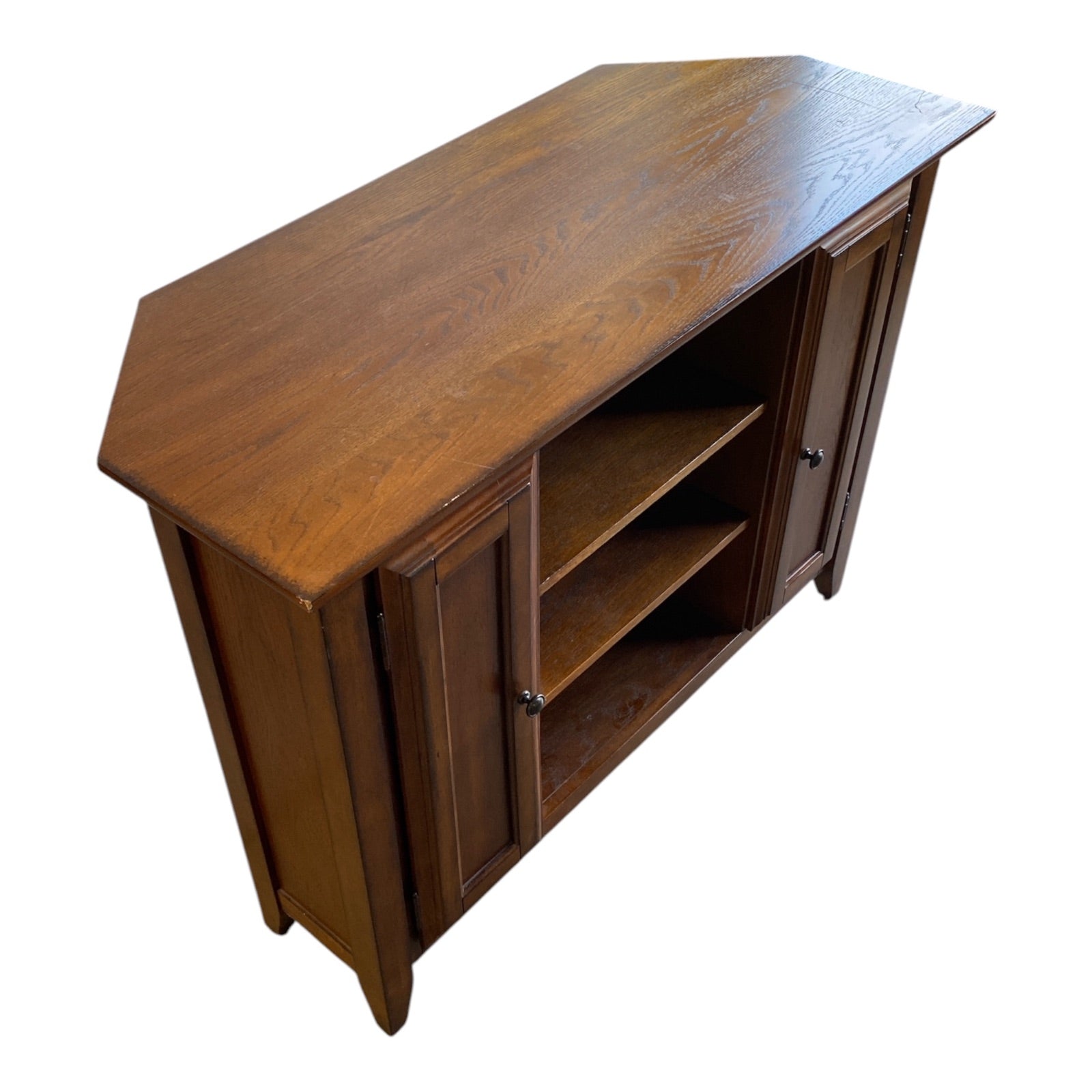 Solid Oak Corner Media Console with Raised Panel Doors & Cable Management