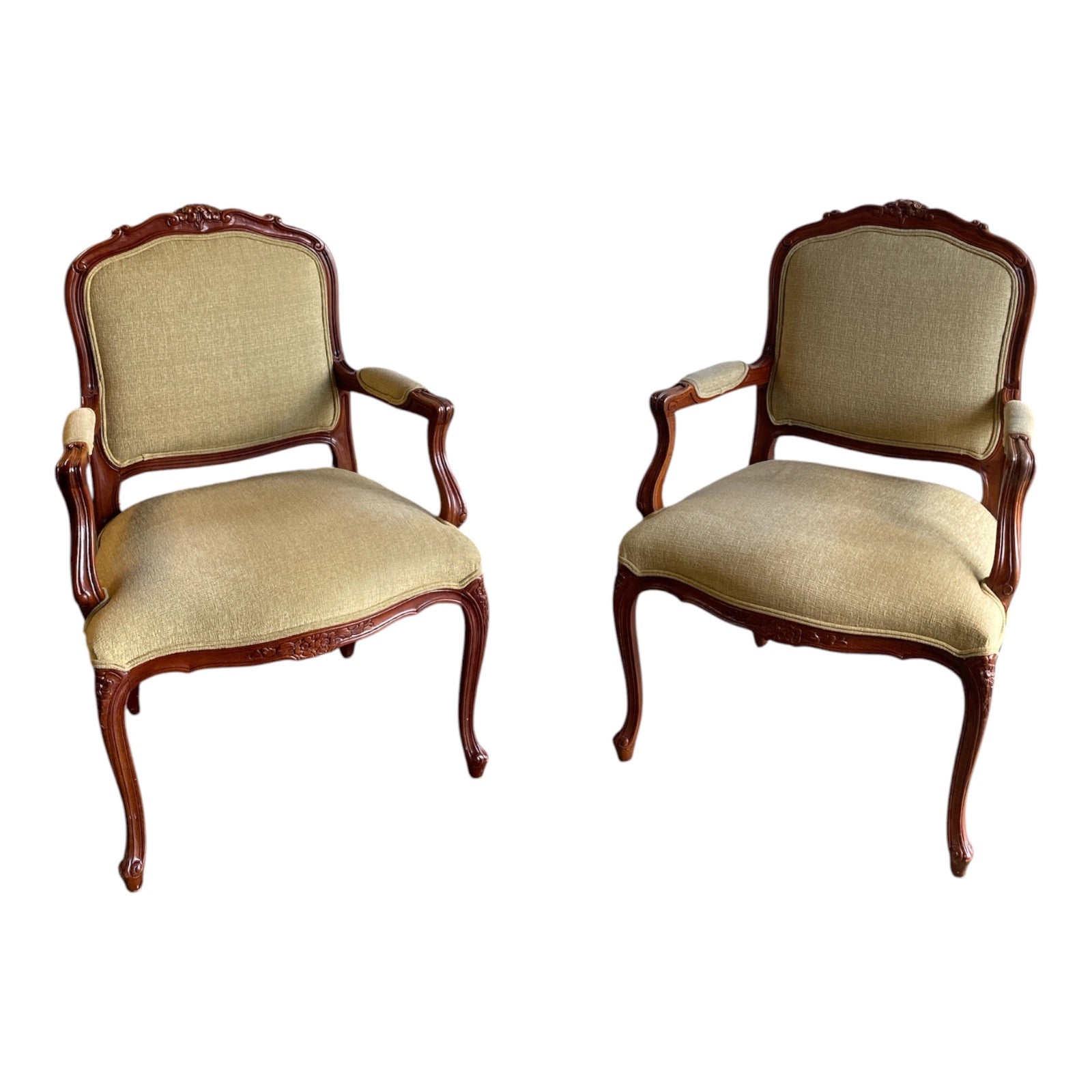Pair Louis XV Style Carved Mahogany Fauteuil Armchairs in Sage Linen