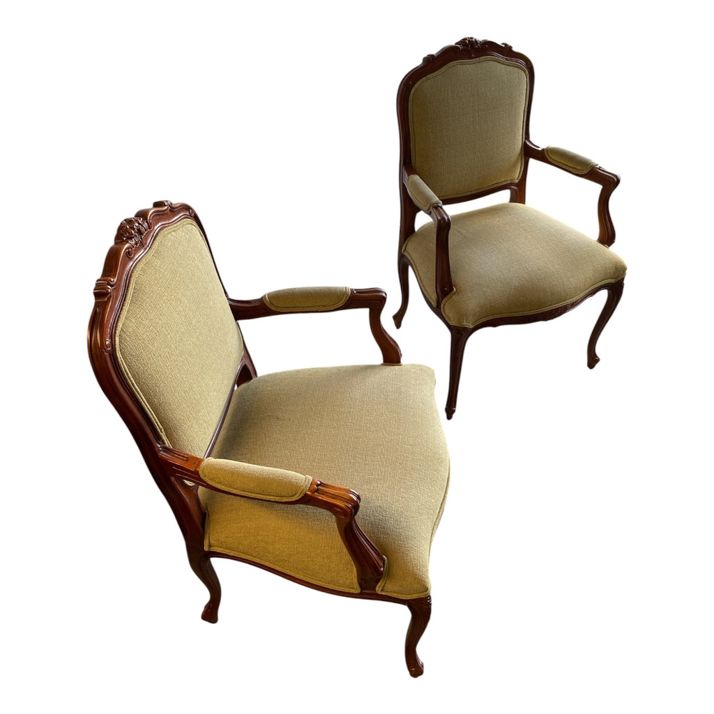 Pair Louis XV Style Carved Mahogany Fauteuil Armchairs in Sage Linen
