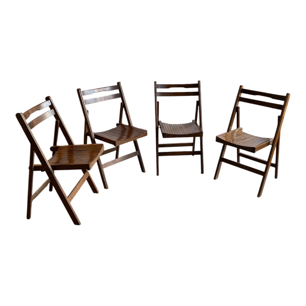 Set of 4 Mid-Century Slatted Wood Folding Chairs with Ladder Backs