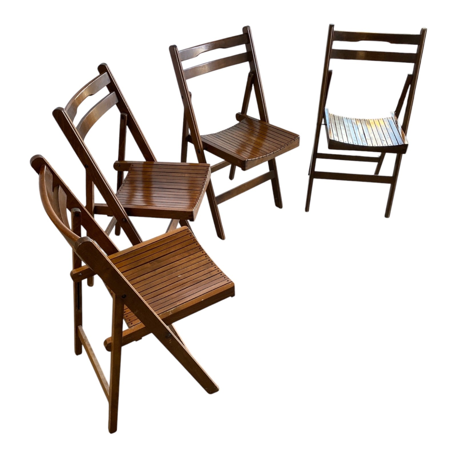 Set of 4 Mid-Century Slatted Wood Folding Chairs with Ladder Backs