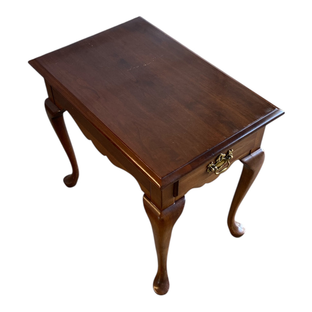 Queen Anne Style Cherry End Table with Cabriole Legs & Brass Bail Pull