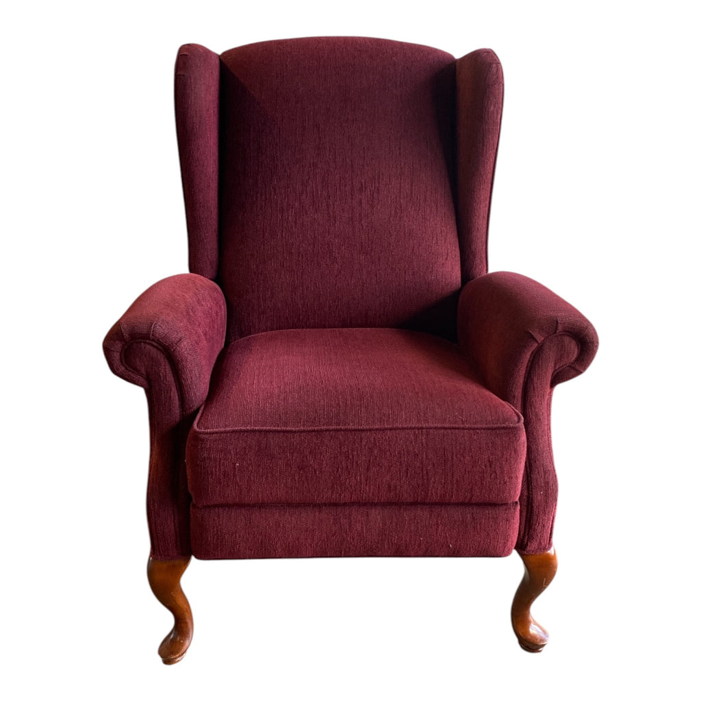 Queen Anne Style Wing Chair Recliner in Burgundy Chenille with Cabriole Legs