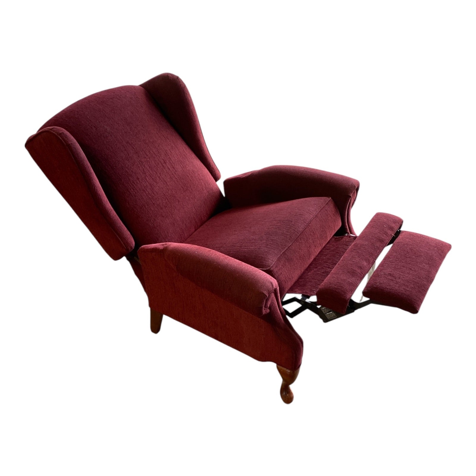 Queen Anne Style Wing Chair Recliner in Burgundy Chenille with Cabriole Legs