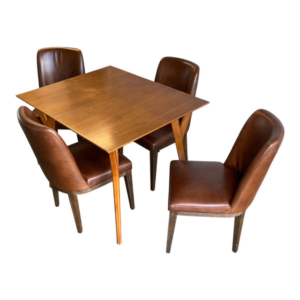 Mid-Century Walnut Extension Dining Table with Four Cognac Leather Side Chairs