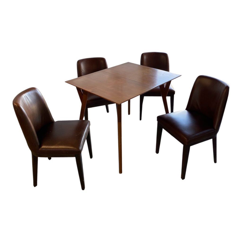 Mid-Century Walnut Extension Dining Table with Four Cognac Leather Side Chairs