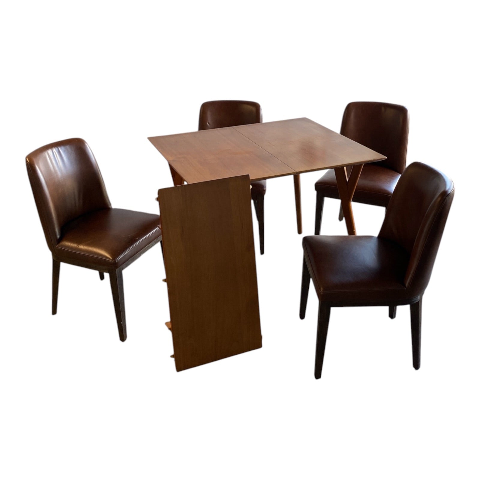 Mid-Century Walnut Extension Dining Table with Four Cognac Leather Side Chairs