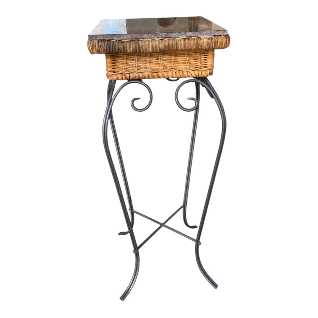 Wrought Iron & Wicker Plant Stand with Red Granite Top, Scroll Base