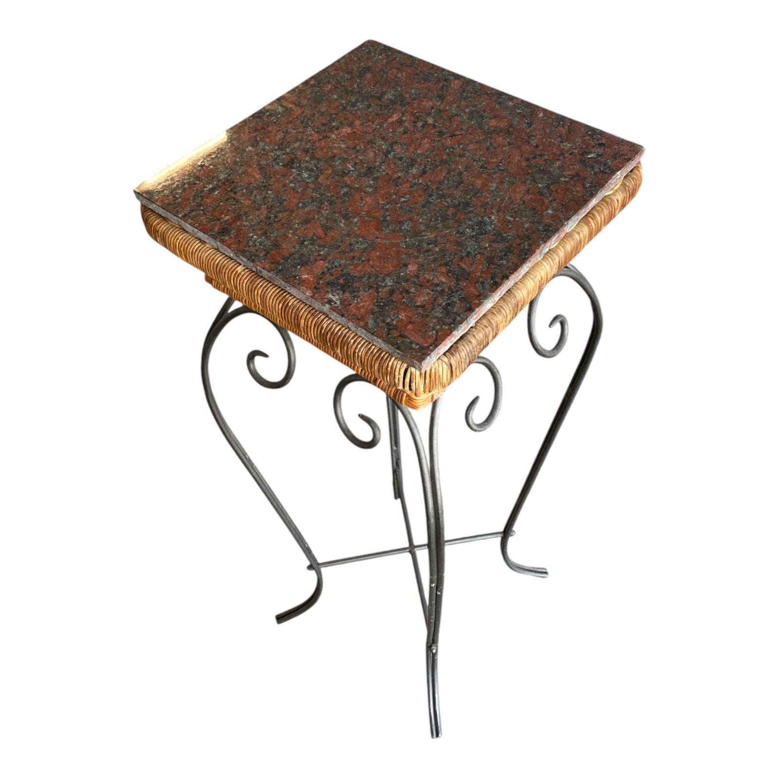 Wrought Iron & Wicker Plant Stand with Red Granite Top, Scroll Base