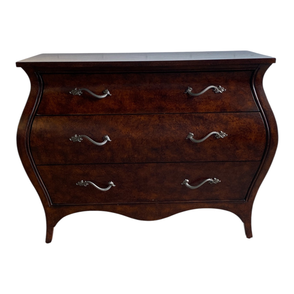 Ethan Allen Bombé Chest in Burled Walnut Veneer with French Provincial Styling