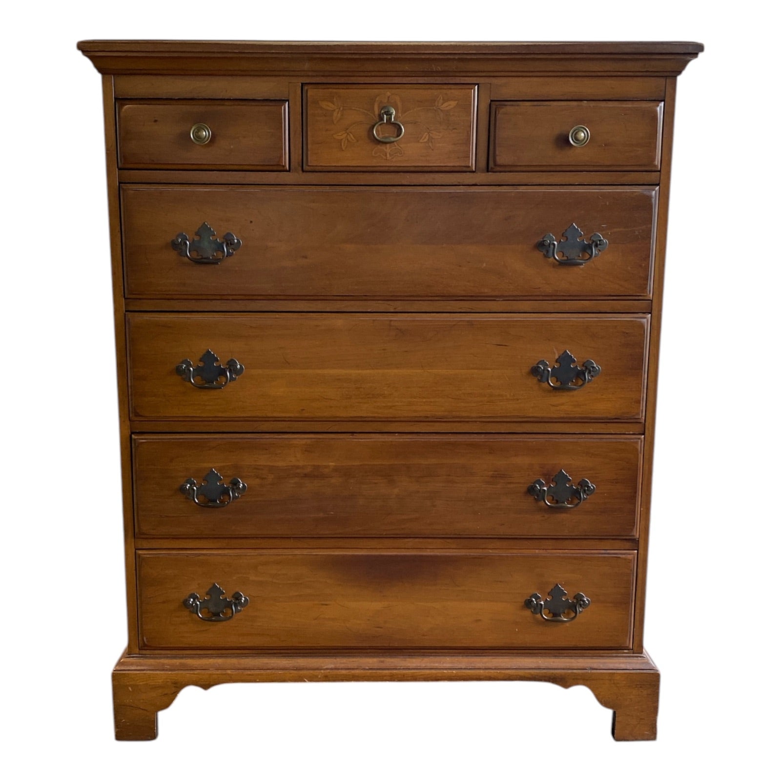 Hitchcock-Style Solid Cherry Tall Chest with Dovetailed Drawers & Stenciled Inla