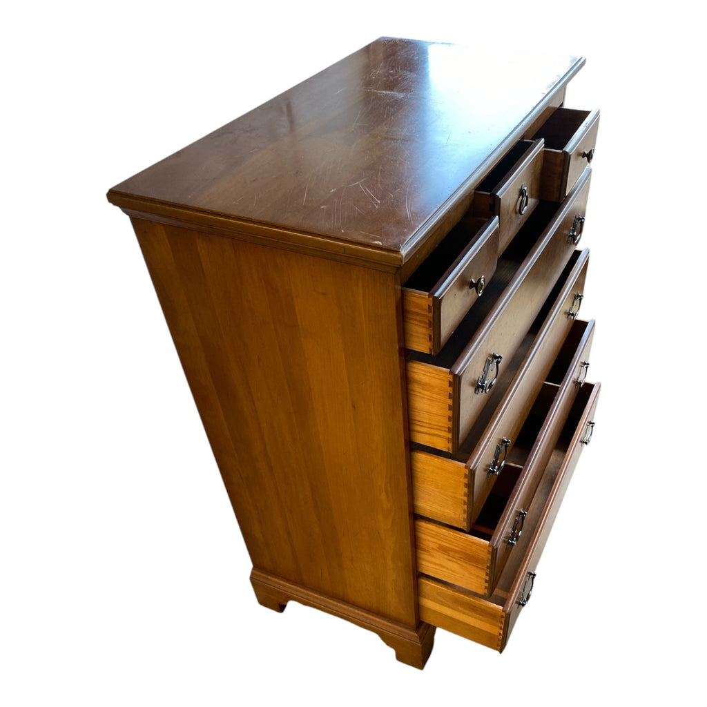 Hitchcock-Style Solid Cherry Tall Chest with Dovetailed Drawers & Stenciled Inla