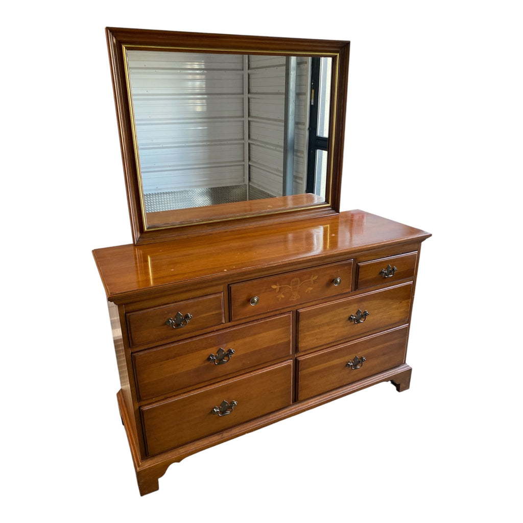 Federal-Style Cherry 7-Drawer Dresser with Inlay Detail & Matching Mirror