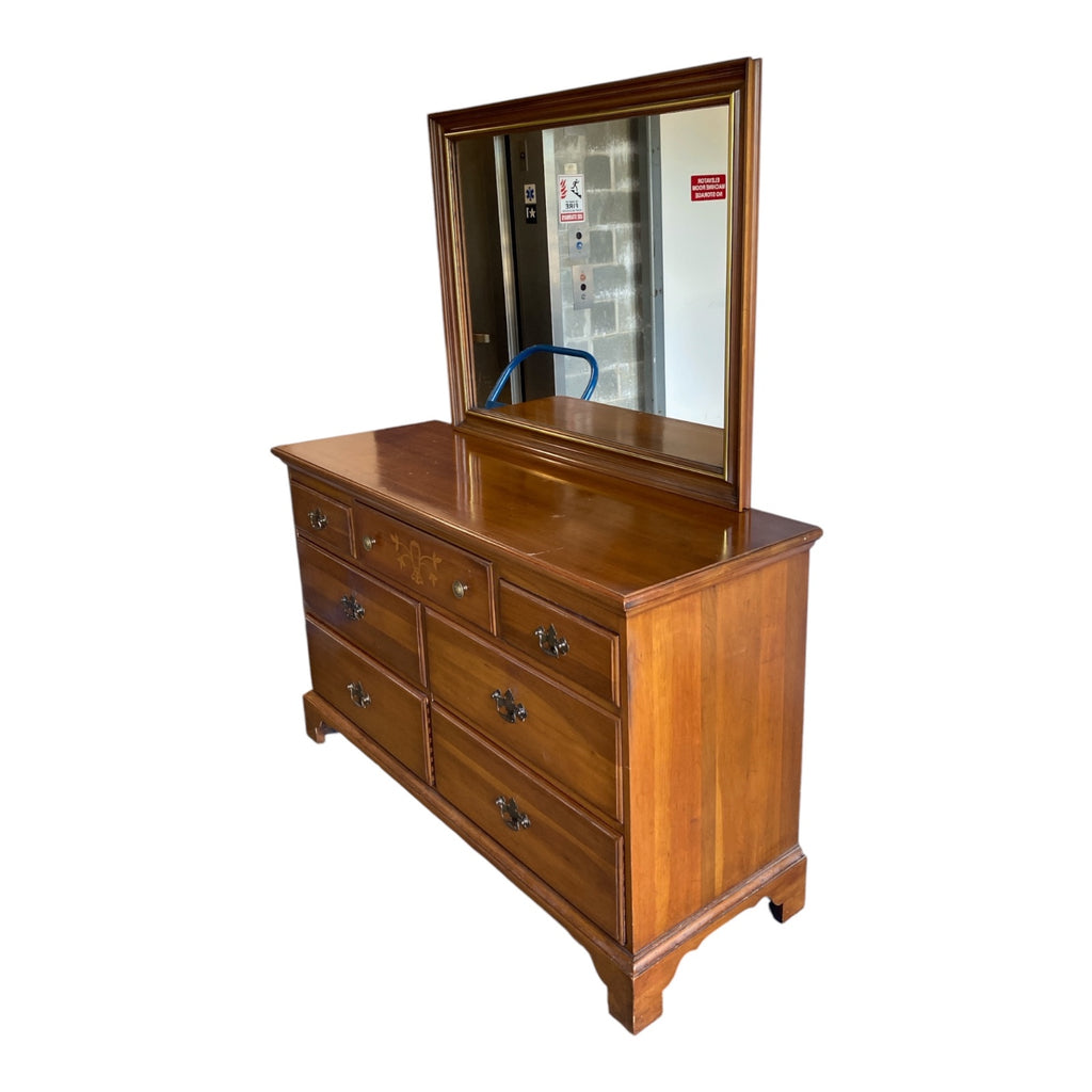 Federal-Style Cherry 7-Drawer Dresser with Inlay Detail & Matching Mirror