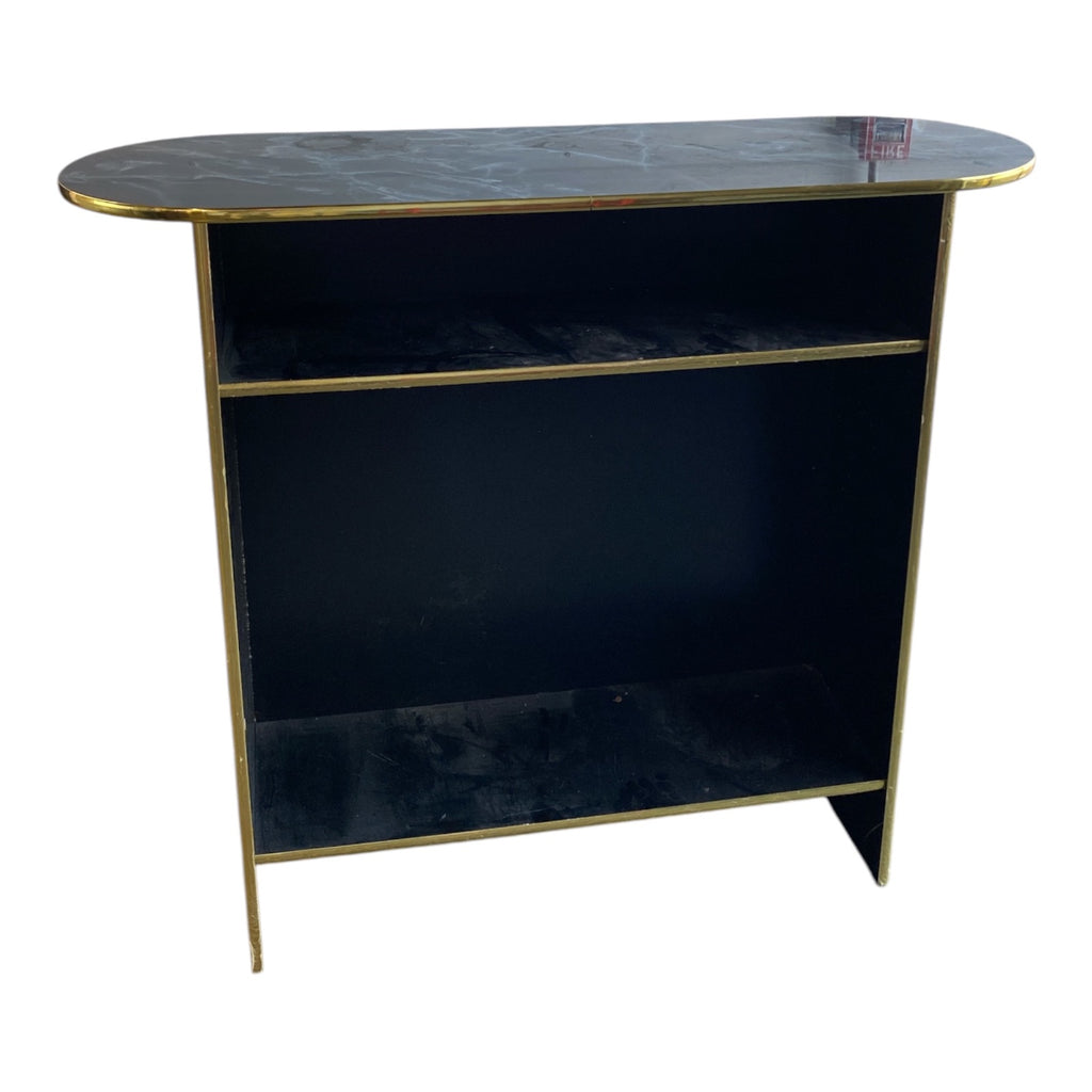 Contemporary Black Faux-Marble Console Table with Brass Trim, Open Shelving