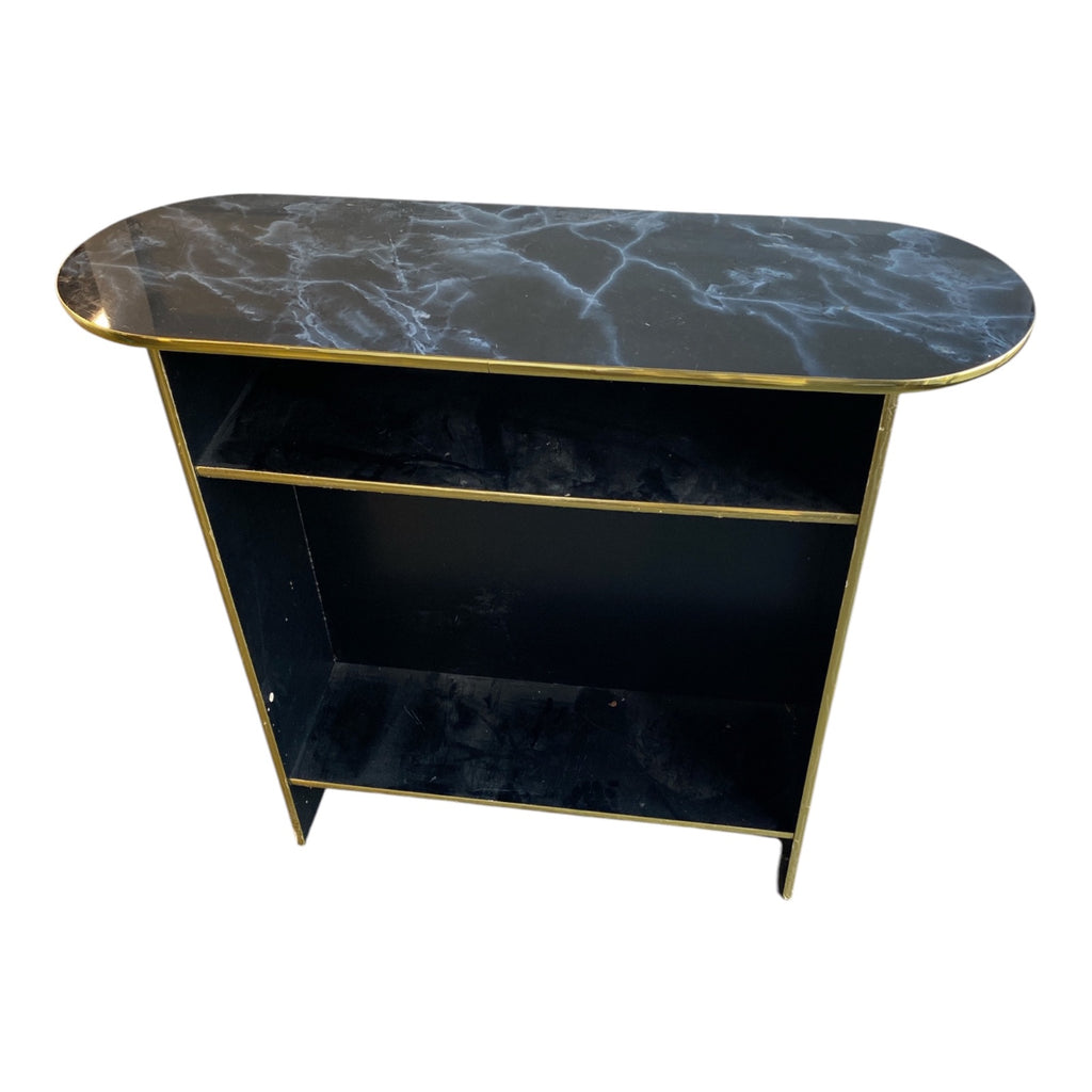 Contemporary Black Faux-Marble Console Table with Brass Trim, Open Shelving
