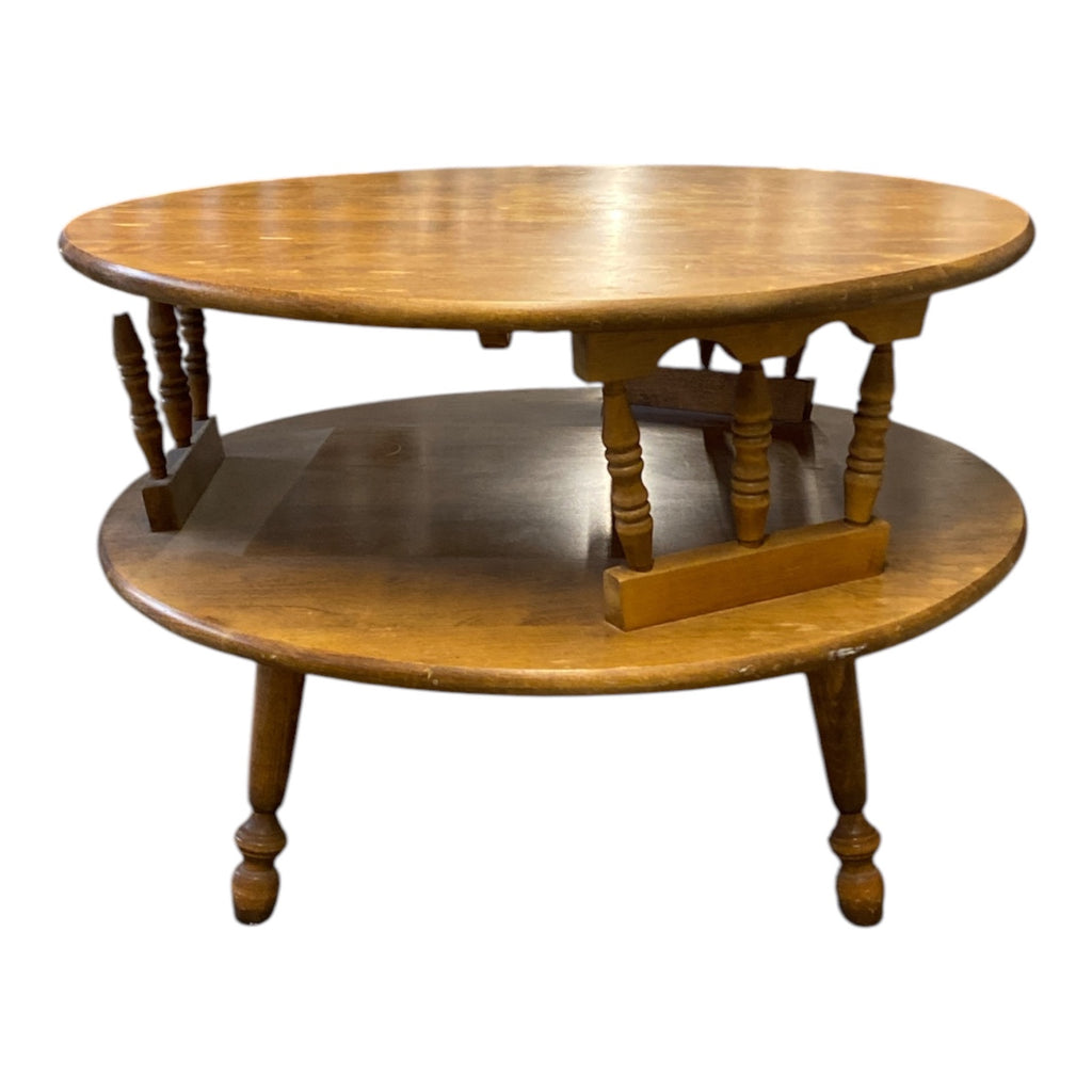 Mid-Century Colonial Revival Maple Two-Tier Round Coffee Table with Turned Spind