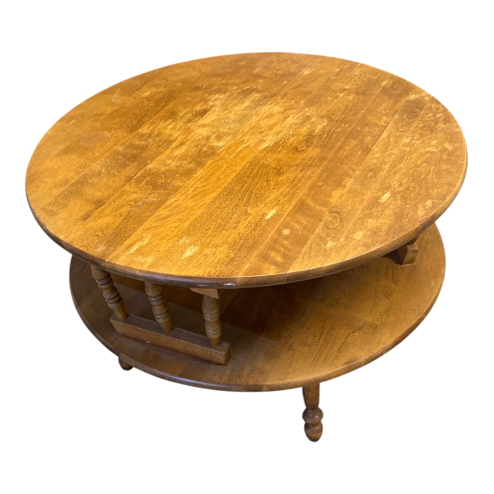 Mid-Century Colonial Revival Maple Two-Tier Round Coffee Table with Turned Spind