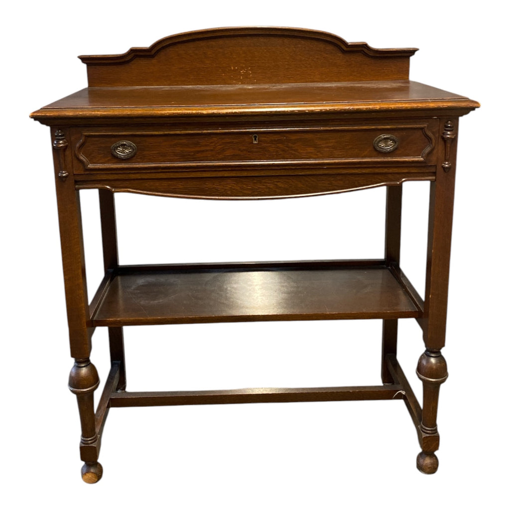 Antique English Oak Serpentine Server with Lower Shelf & Original Brass Pulls