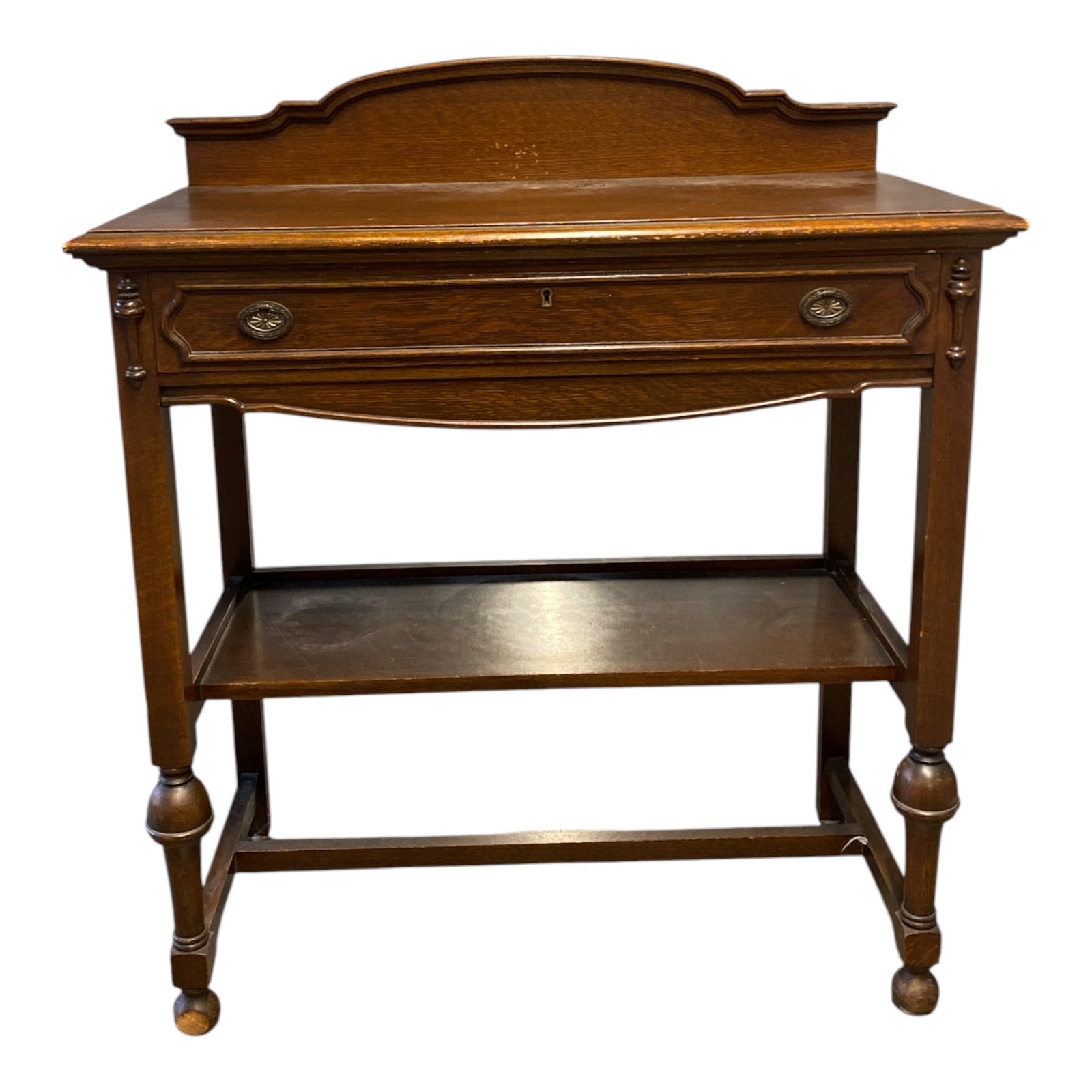 Antique English Oak Serpentine Server with Lower Shelf & Original Brass Pulls