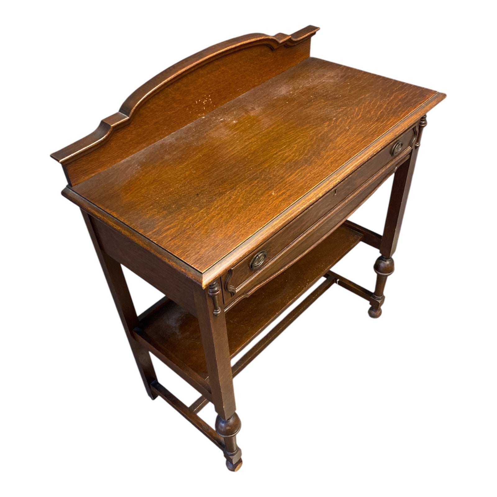 Antique English Oak Serpentine Server with Lower Shelf & Original Brass Pulls