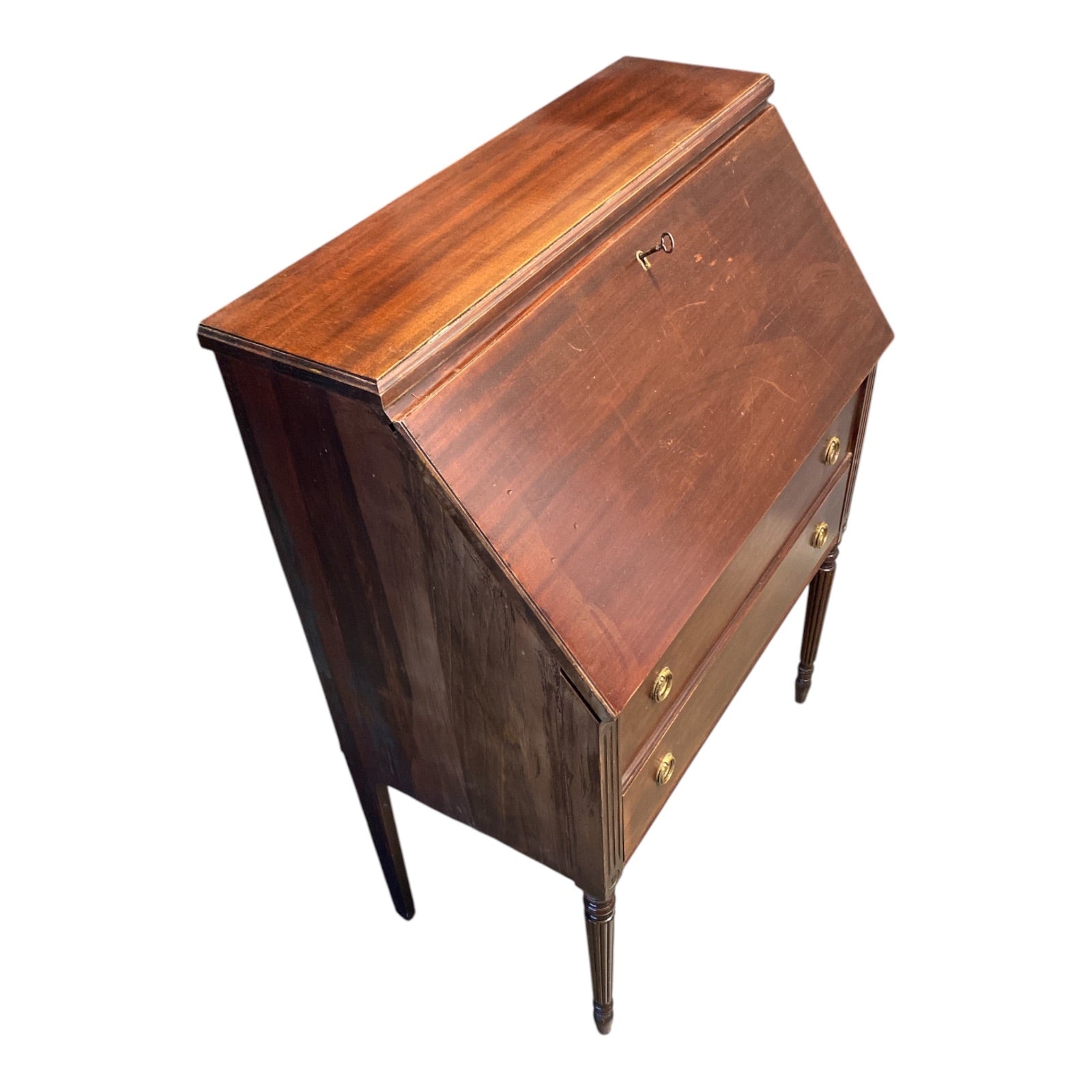 Sheraton-Style Mahogany Drop-Front Secretary Desk with Reeded Legs & Brass Hardware