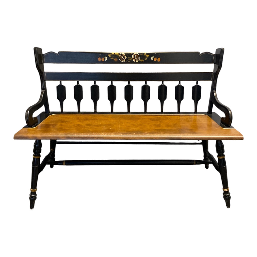 Hitchcock-Style Stenciled Deacon's Bench Black & Maple Arrow-Back Settee