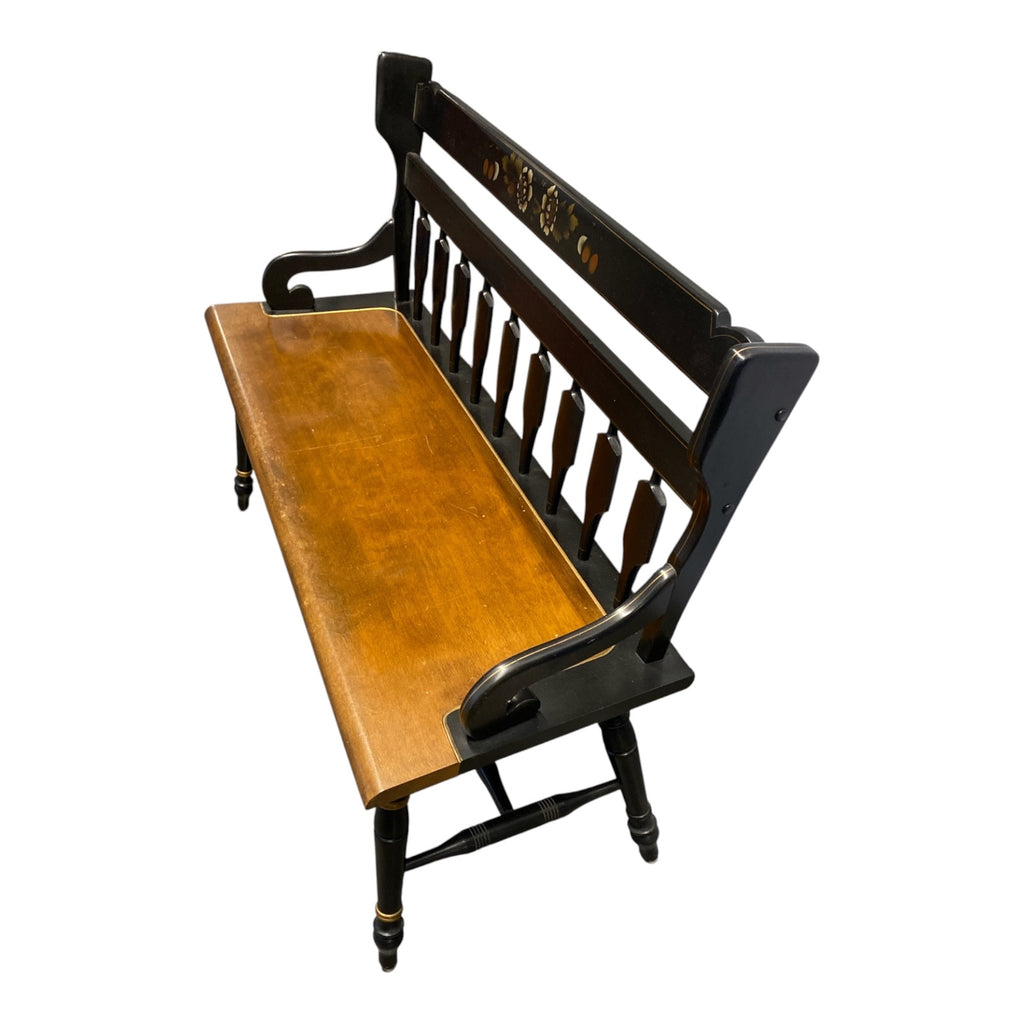 Hitchcock-Style Stenciled Deacon's Bench Black & Maple Arrow-Back Settee