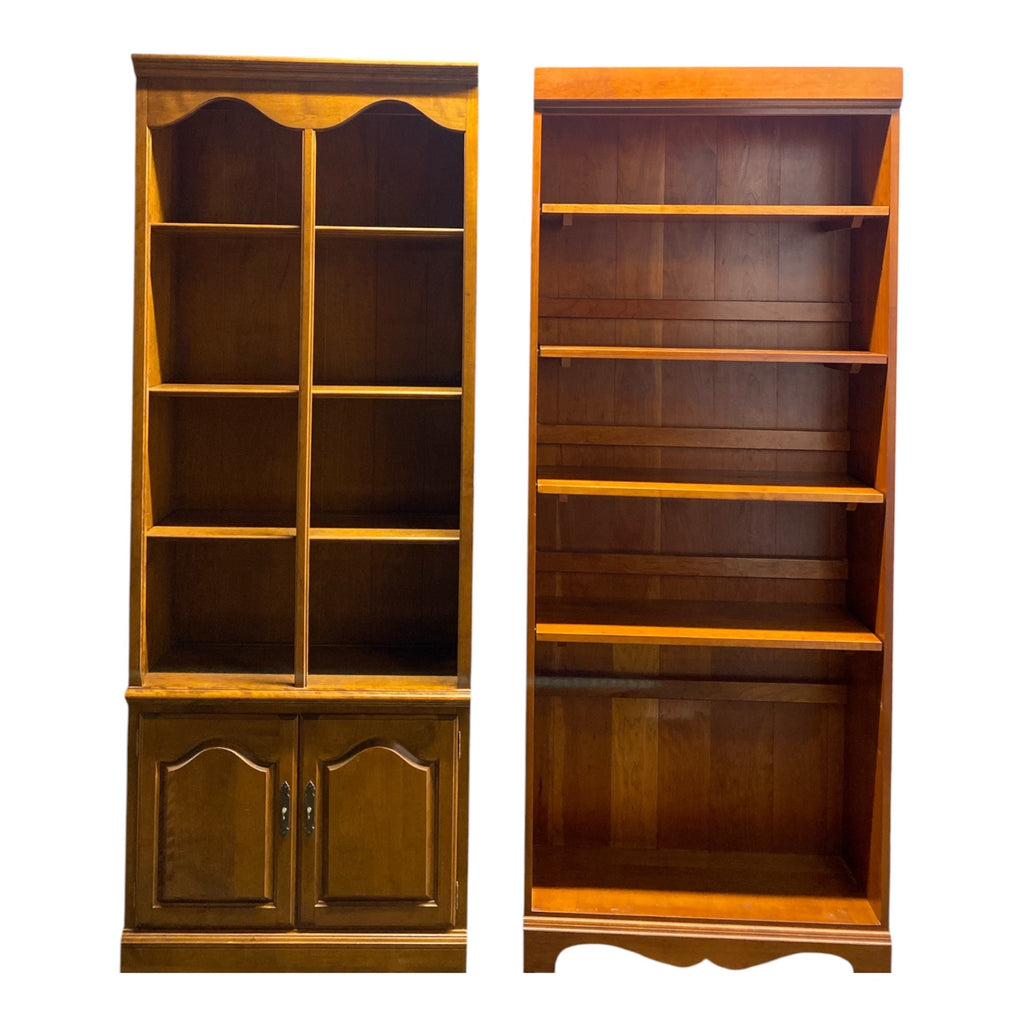 Pair of Colonial Revival Cherry-Finish Bookcases — Cabinet & Open Shelf Styles