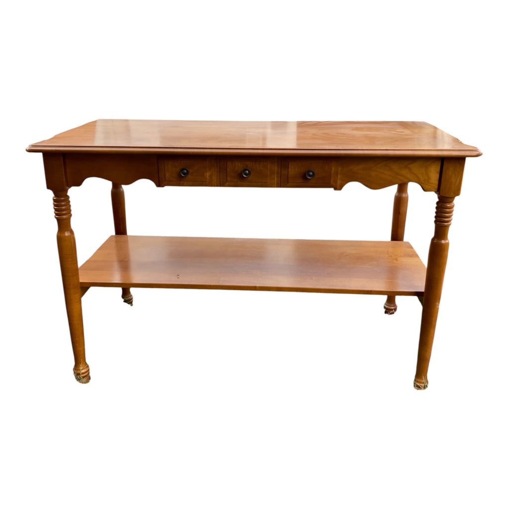 Vintage Maple Colonial Revival Console Table with Three Drawers & Lower Shelf