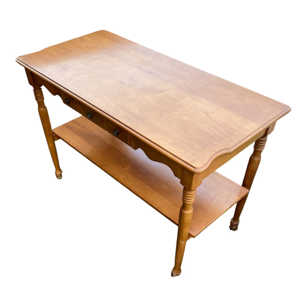 Vintage Maple Colonial Revival Console Table with Three Drawers & Lower Shelf