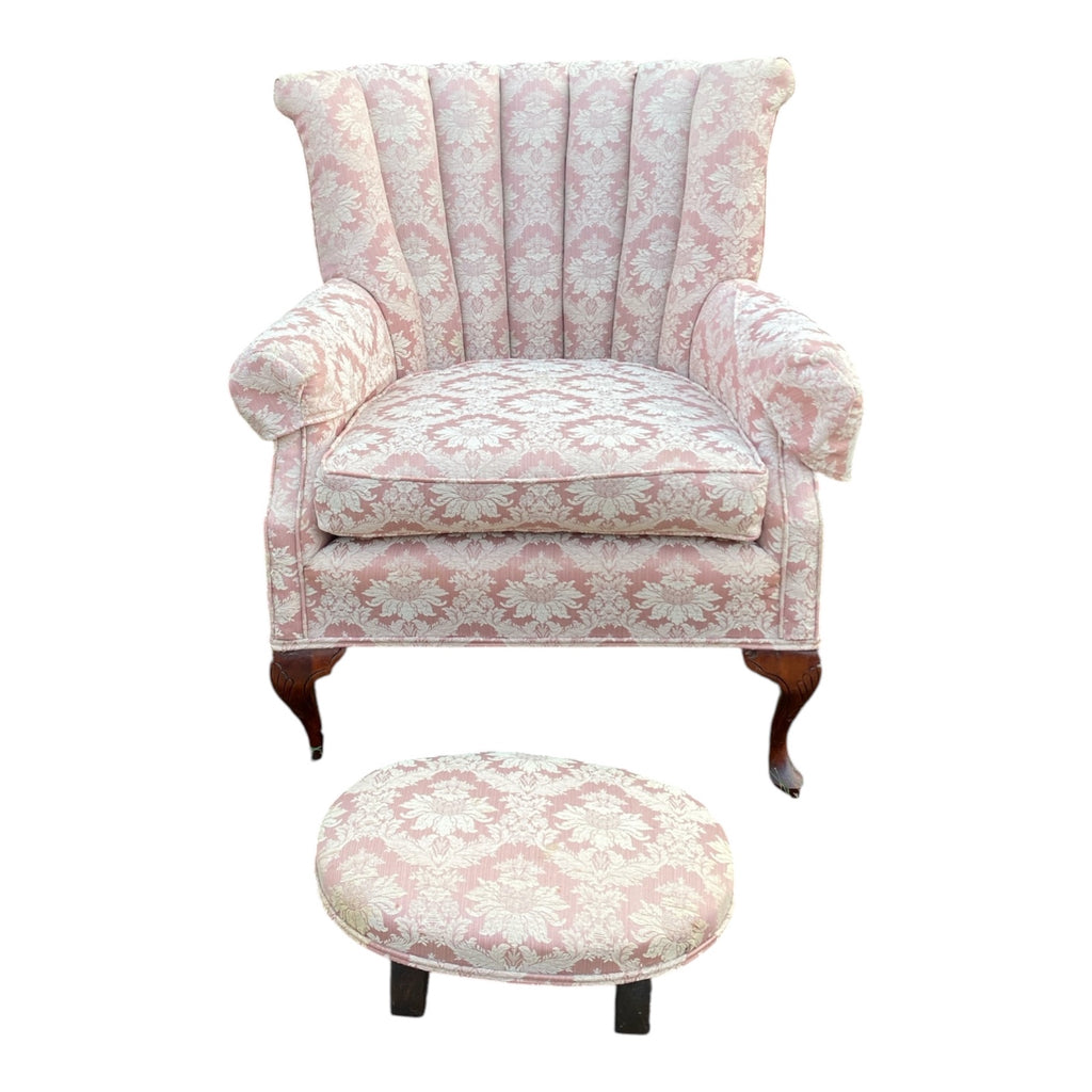 Vintage Channel-Back Wingchair & Ottoman Set in Rose Damask with Queen Anne Legs