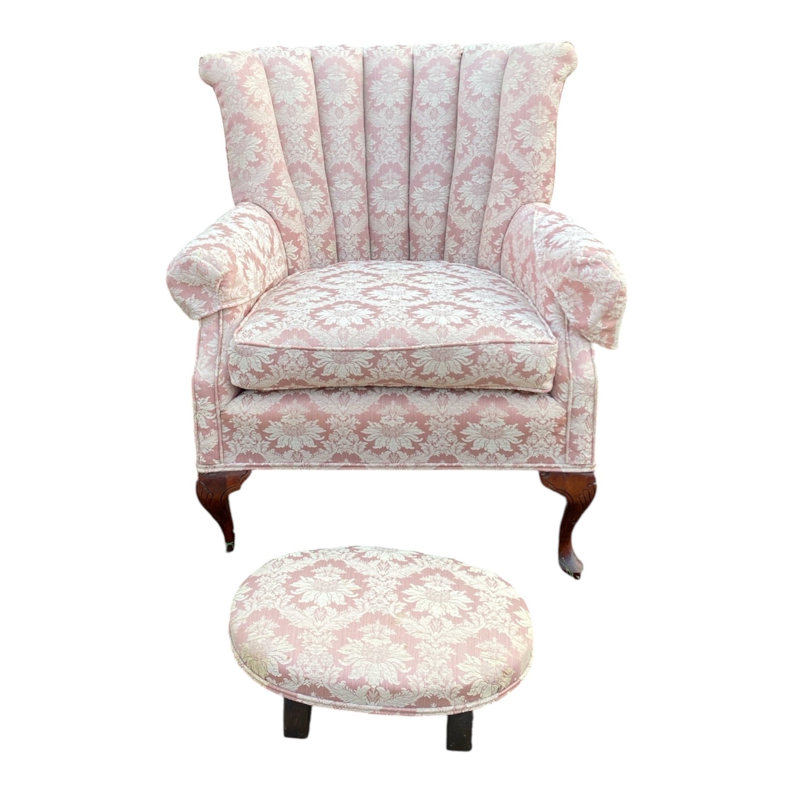 Vintage Channel-Back Wingchair & Ottoman Set in Rose Damask with Queen Anne Legs